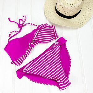 Aqua Marine XL Bikini Bottom Top Set Swimsuit Bathing Suit Striped Purple Swim